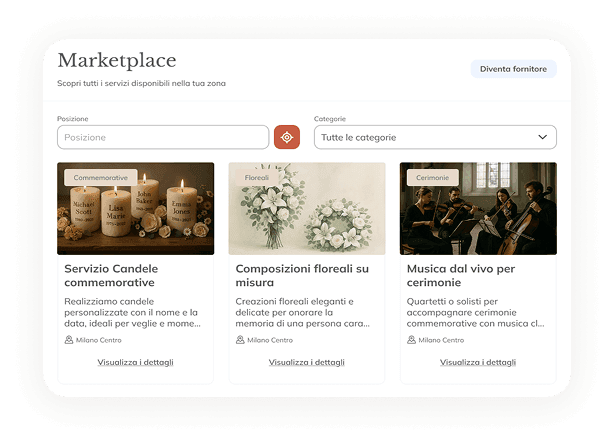 Marketplace servizi commemorativi con fornitori